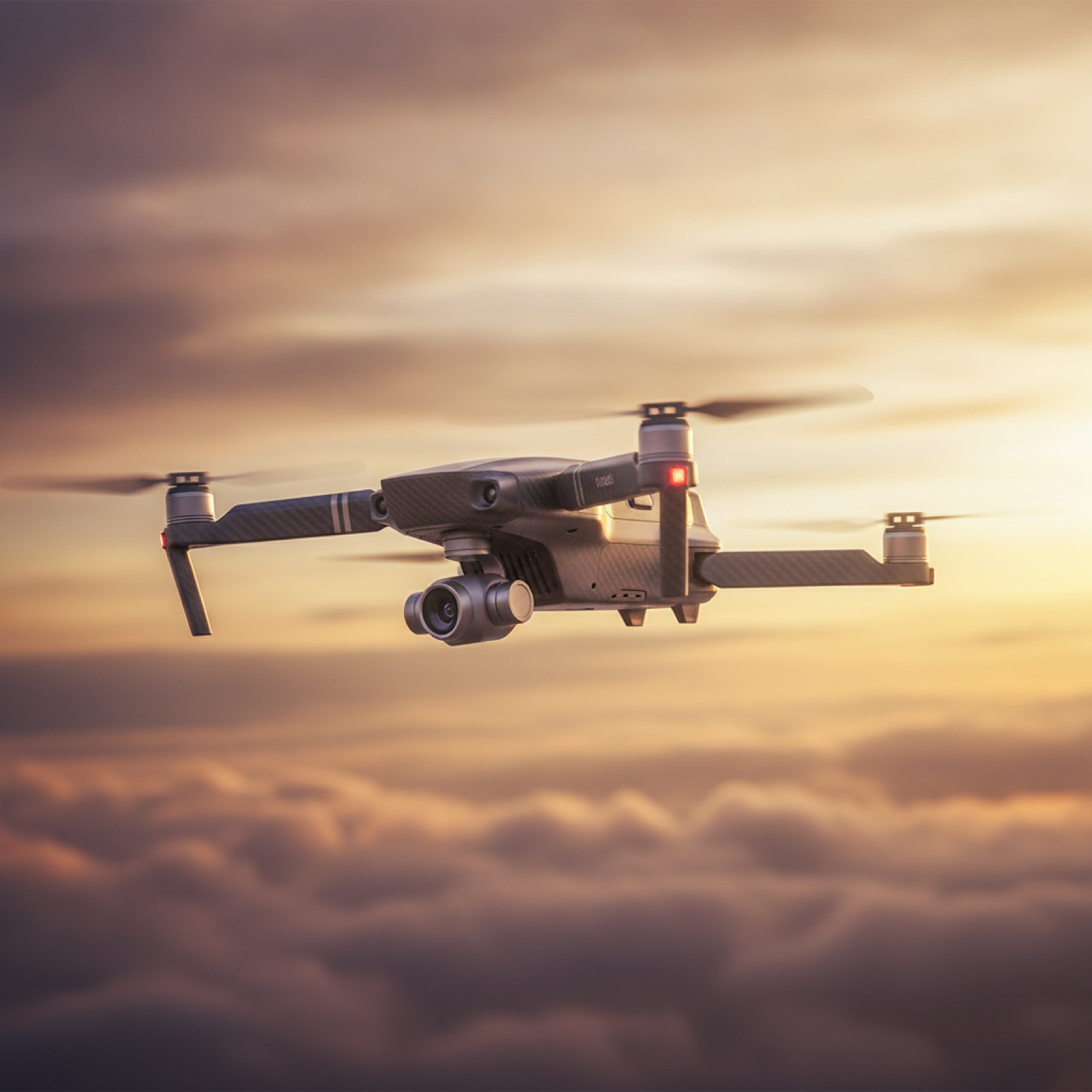 A professional quadcopter drone in flight against golden-hour clouds.